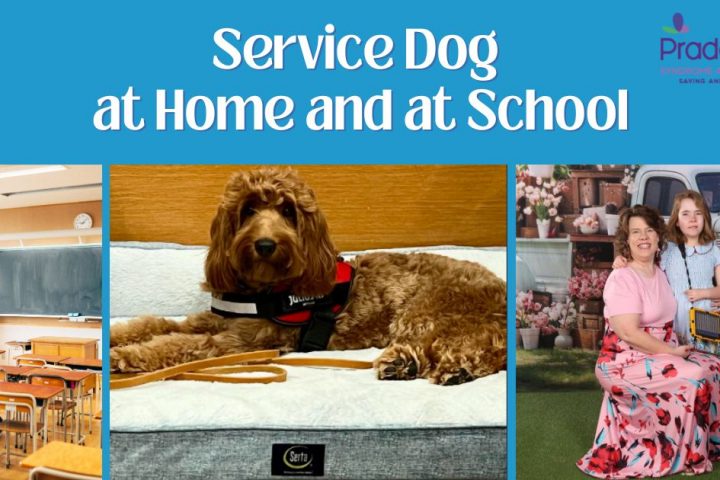 a young girl with Prader-Willi syndrome poses with her mom, second picture of her service dog