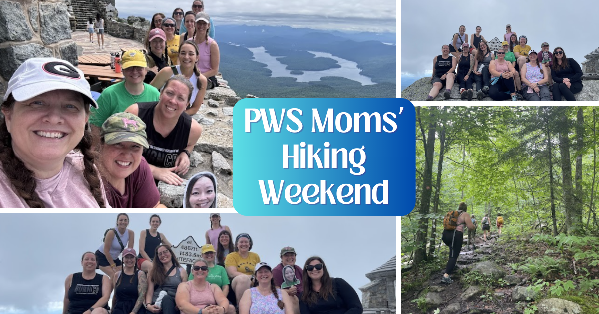 Photo collage of moms of individuals with Prader-Willi syndrome posing at various places along their hike