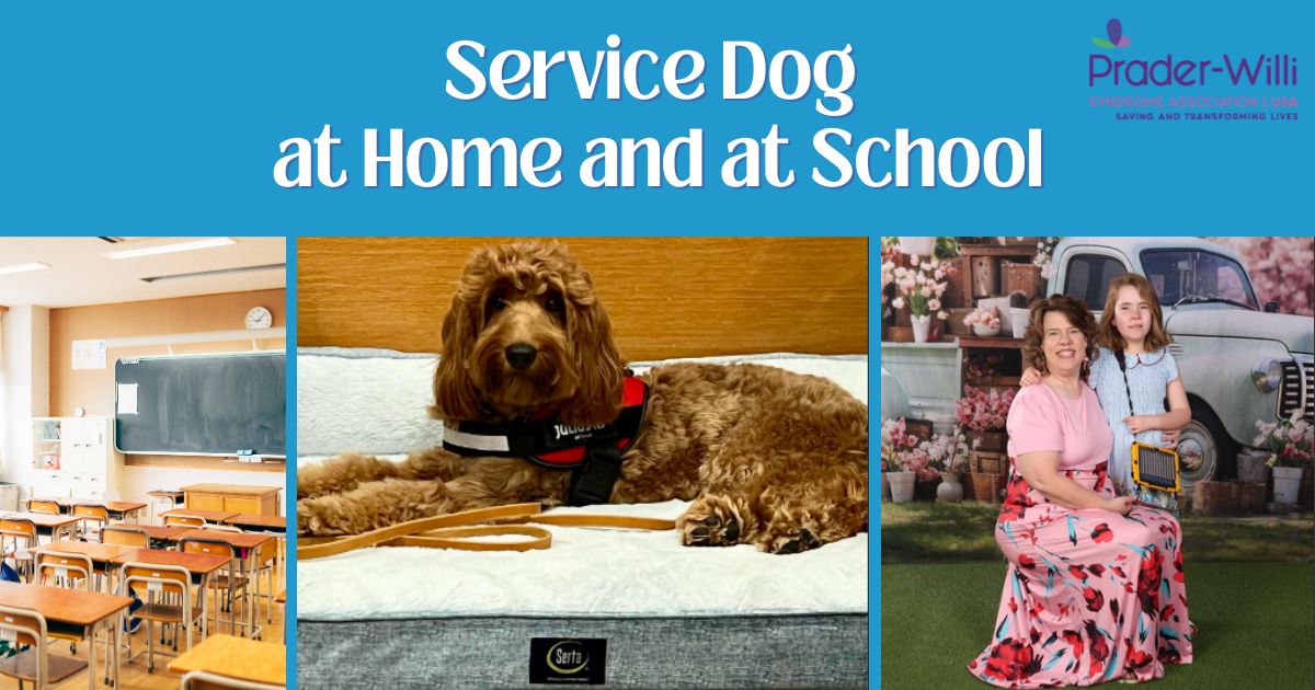 a young girl with Prader-Willi syndrome poses with her mom, second picture of her service dog