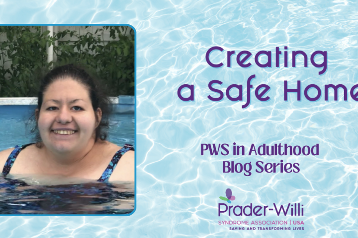 An adult with Prader-Willi Syndrome poses mid-swim in a pool