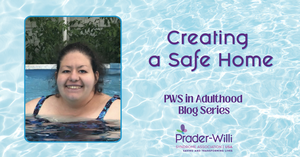 An adult with Prader-Willi Syndrome poses mid-swim in a pool