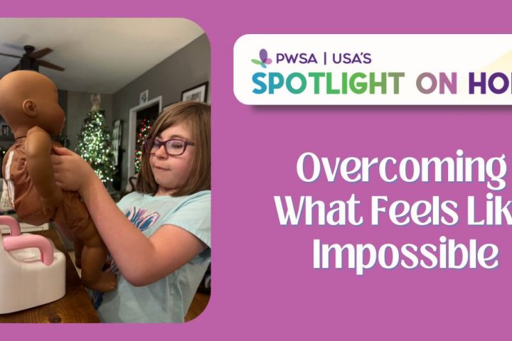 a young girl with Prader-Willi Syndrome sets her doll on a play potty