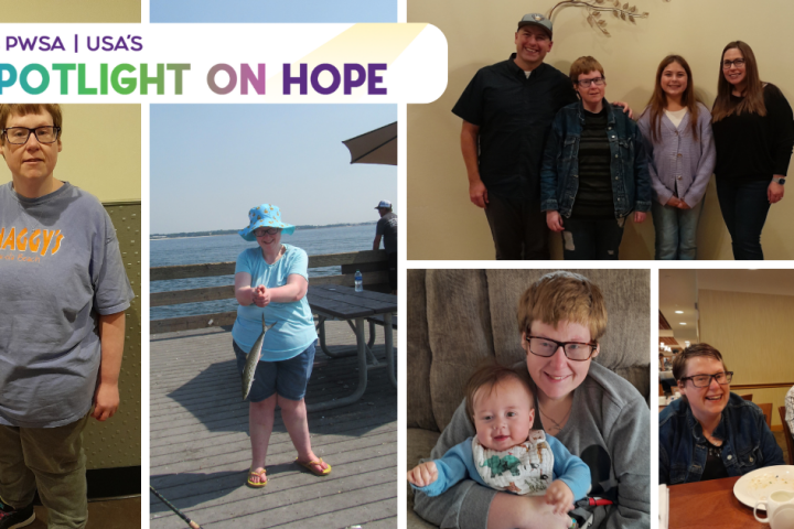 photo collage of a woman with Prader-Willi syndrome, holding a fish, holding a baby, with her family