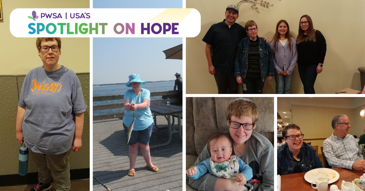 photo collage of a woman with Prader-Willi syndrome, holding a fish, holding a baby, with her family